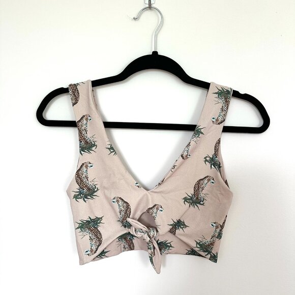 Montce Swim Cream Cheetah Tie Front Bikini Top, Size Small - Picture 1 of 7